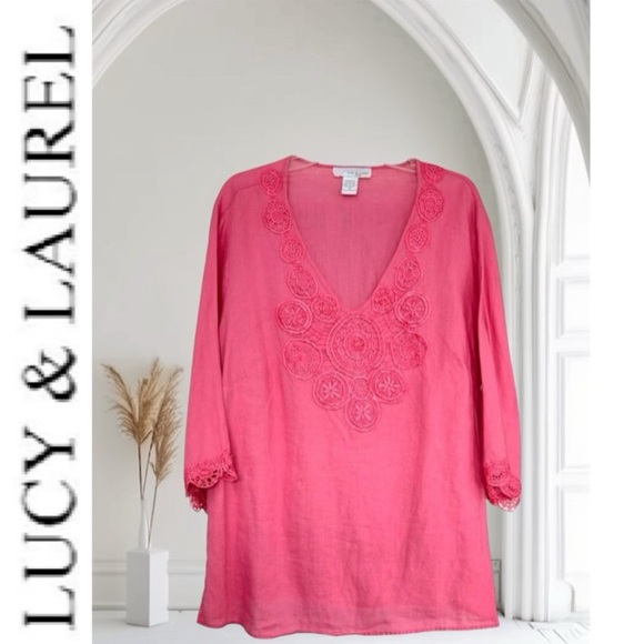 Embroidered Linen Blouse Floral Crochet Embellished Coral Pink Orange Size 1X - Picture 1 of 16